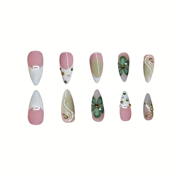 Artistic Press-On Nail Design with Floral Elements Kalsten