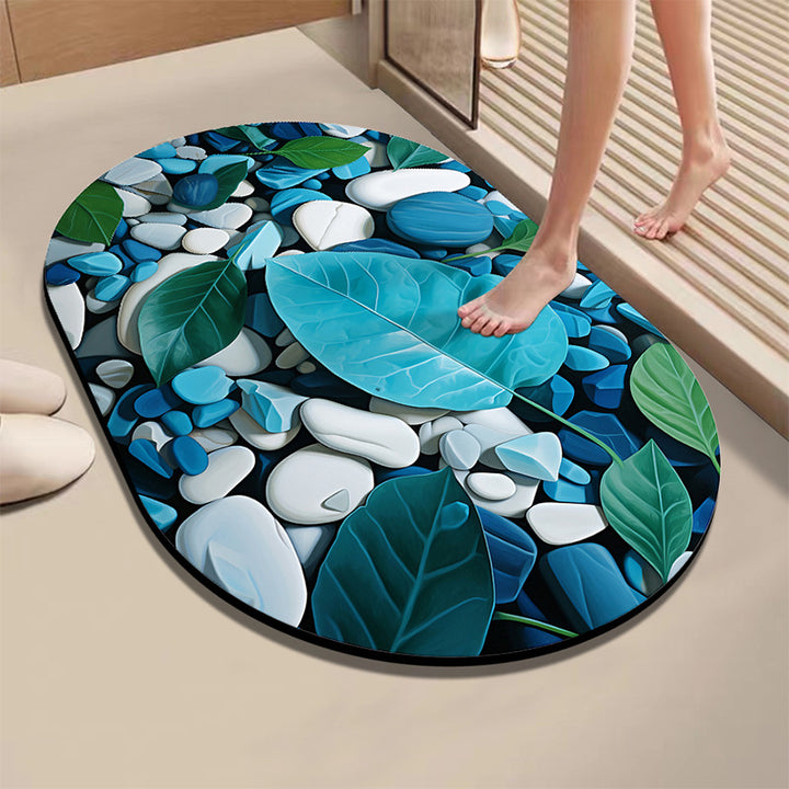 Artistic Leaf and Stone-Themed Bath Mat