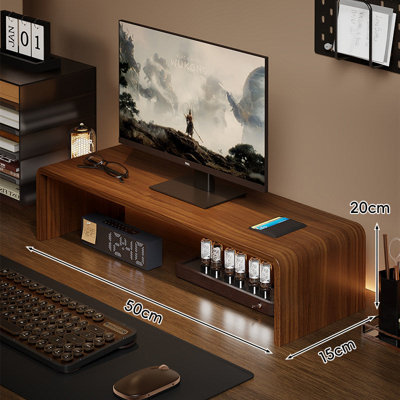 Low-Profile Curved Desktop Monitor Platform with Integrated Under-Shelf Organizer and Ambient Backlight