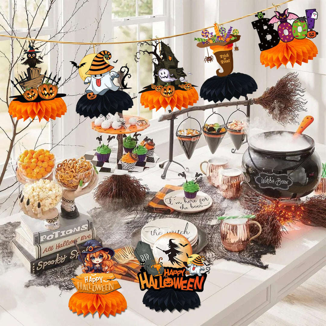 Paper Halloween table decoration with three-dimensional honeycomb centerpieces
