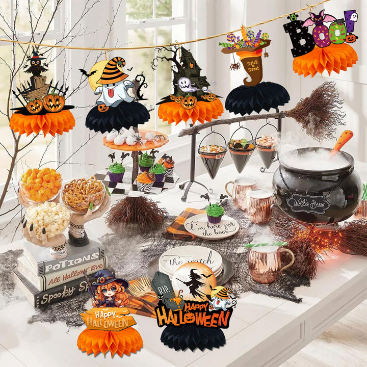 Paper Halloween table decoration with three-dimensional honeycomb centerpieces
