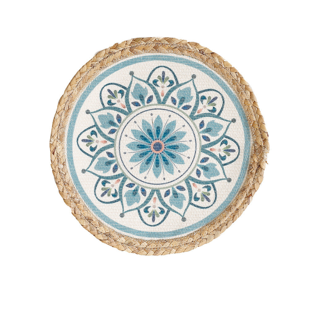 Round woven table mat made of jute with mandala cotton overlay Kalsten