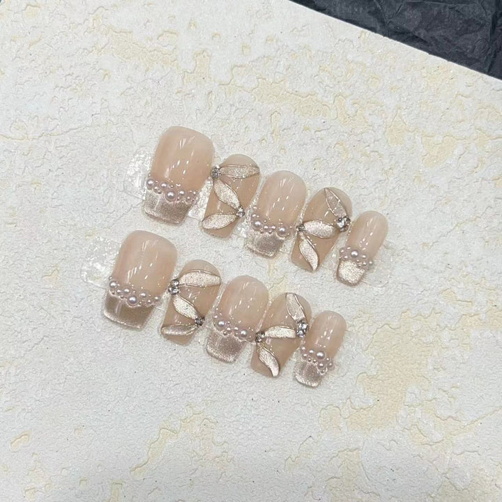Luxurious Decorative Press-On Nail Set with Pearl and Gemstone Accents Kalsten