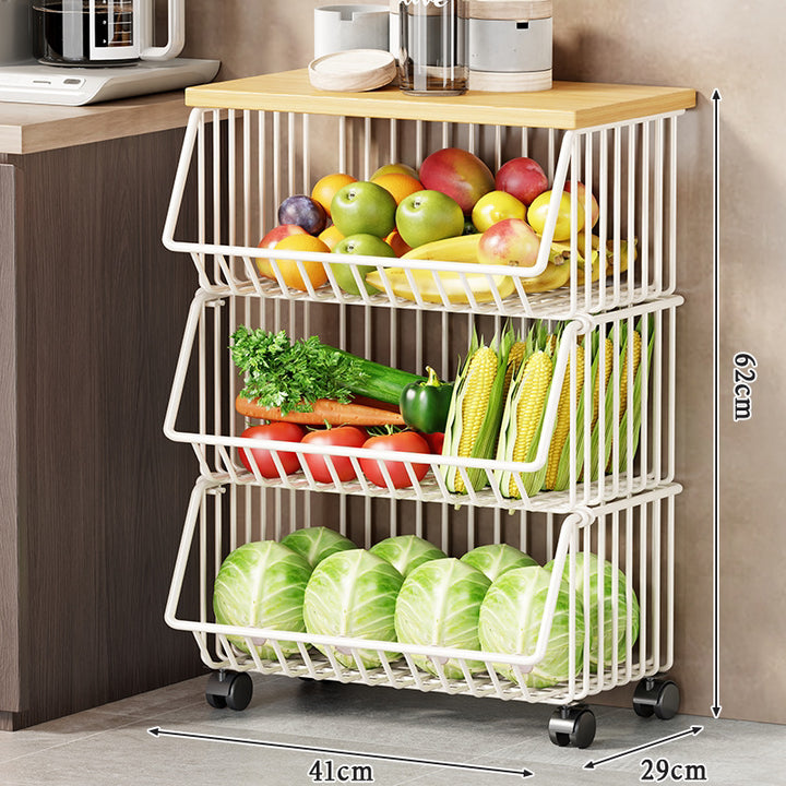 Multi-Tier Rolling Kitchen Fruit and Vegetable Storage Cart with Wood Top