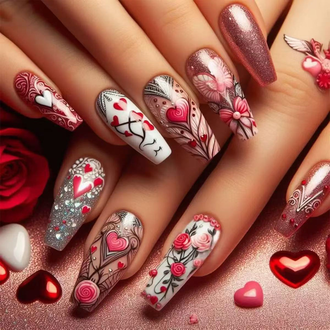 Artificial nail set with romantic heart and flower motifs Kalsten