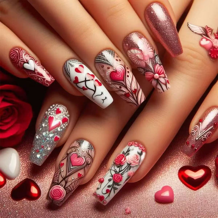Artificial nail set with romantic heart and flower motifs Kalsten