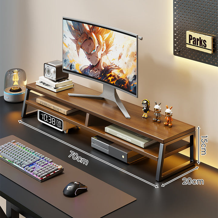 Curved Wood-Top Monitor Riser with Metal Frame and Under-Shelf Organizer