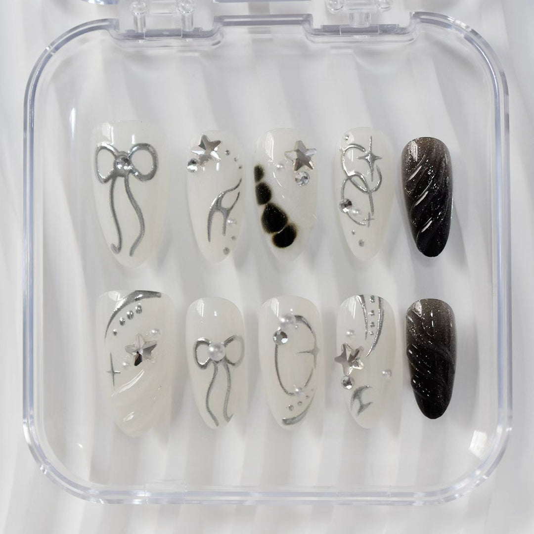 Creative Press-On Nail Art Set with Elegant Silver Accents Kalsten