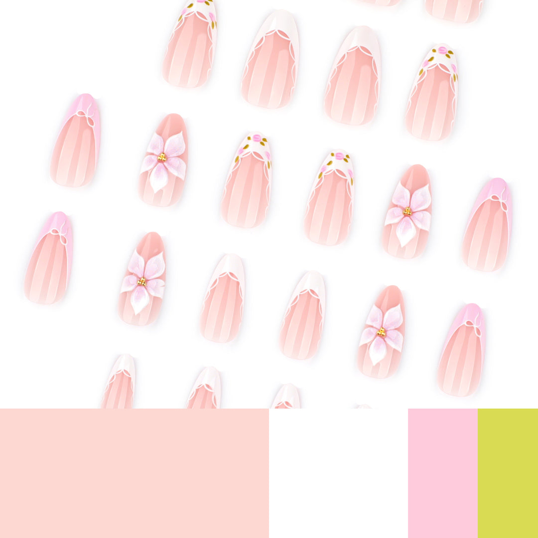 Artful nail extensions with delicate floral pattern and elegant accents Kalsten