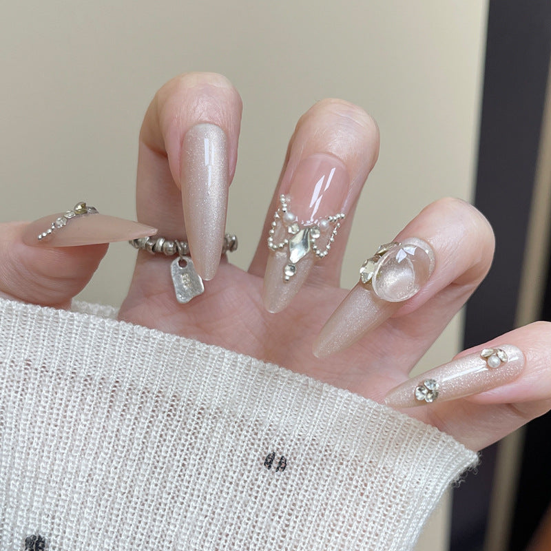 Elegant Stiletto Press-On Nail Art with Rhinestone and Pearl Accents Kalsten