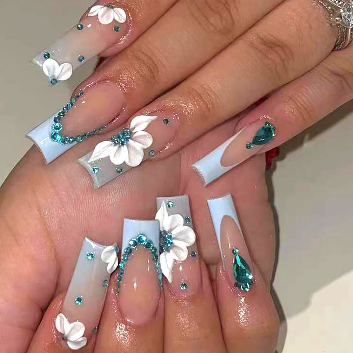 Floral-Designed Press-On Nail Set with Decorative Gem Accents Kalsten