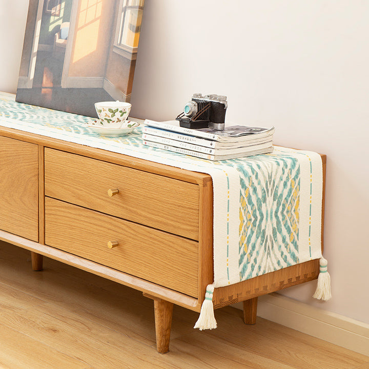 Handwoven decorative table runner with Ikat jacquard and tassels Kalsten