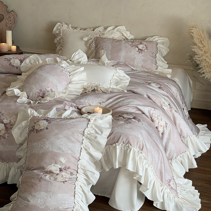 Romantic Ruffled Bed Linen Set with Lace Stripes and Floral Motif