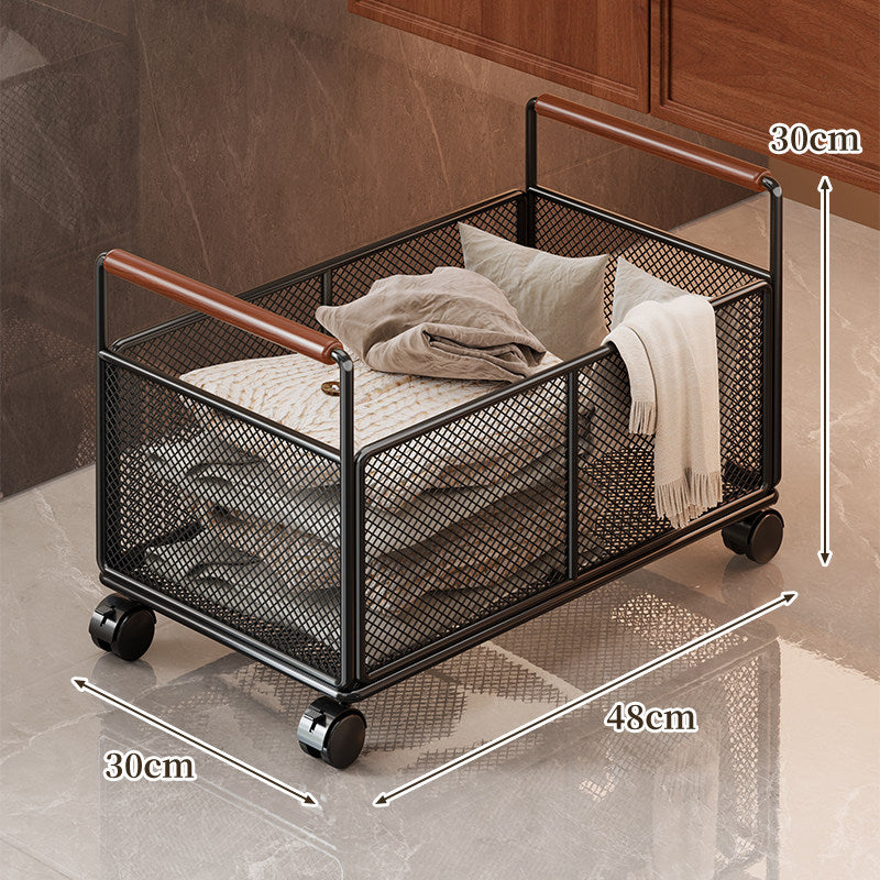 Mesh Utility Storage Basket with Wooden Grip Handles for Kitchen and Home Organization