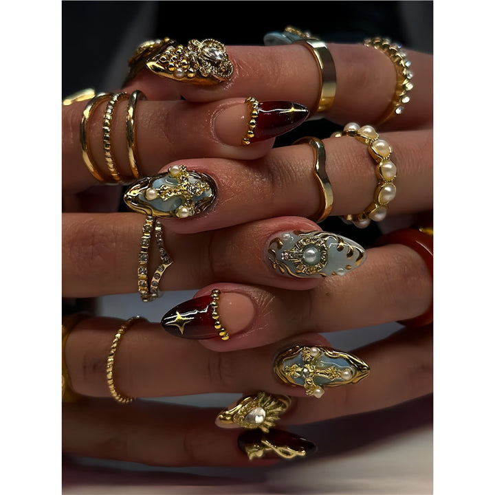 Artistic Decorative Press-On Nail Set with Gemstone and Pearl Accents Kalsten