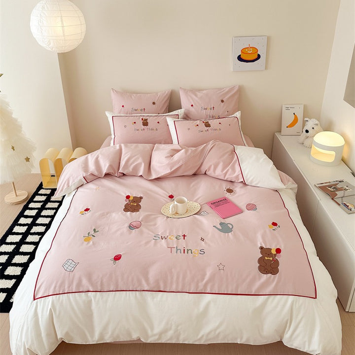 Cotton satin bedding set with delicate cherry embroidery and reversible function