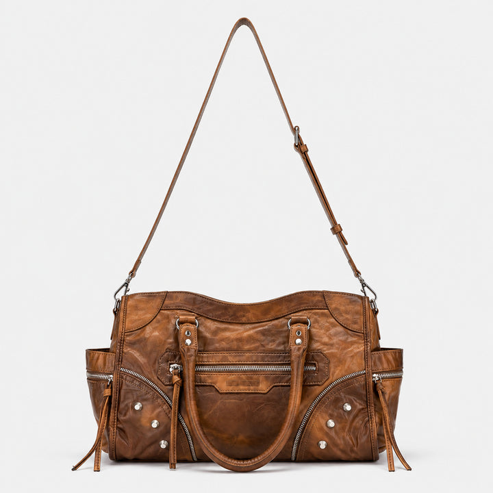 Multi-Pocket Vintage Leather Tote