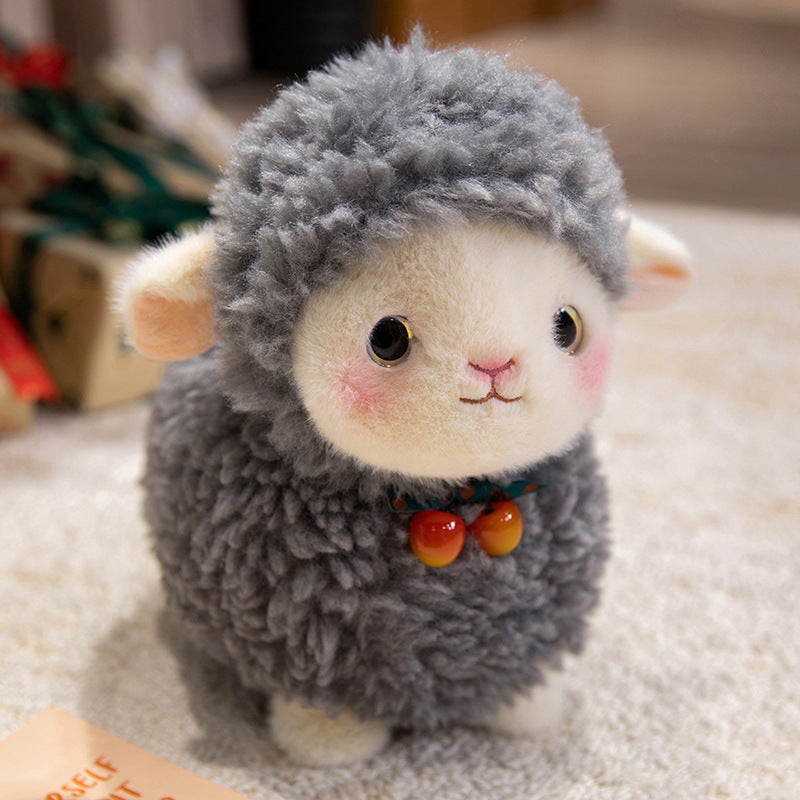 Curly Plush Lamb Comforter Toy with Embroidered Face and Decorative Bow Charm Kalsten
