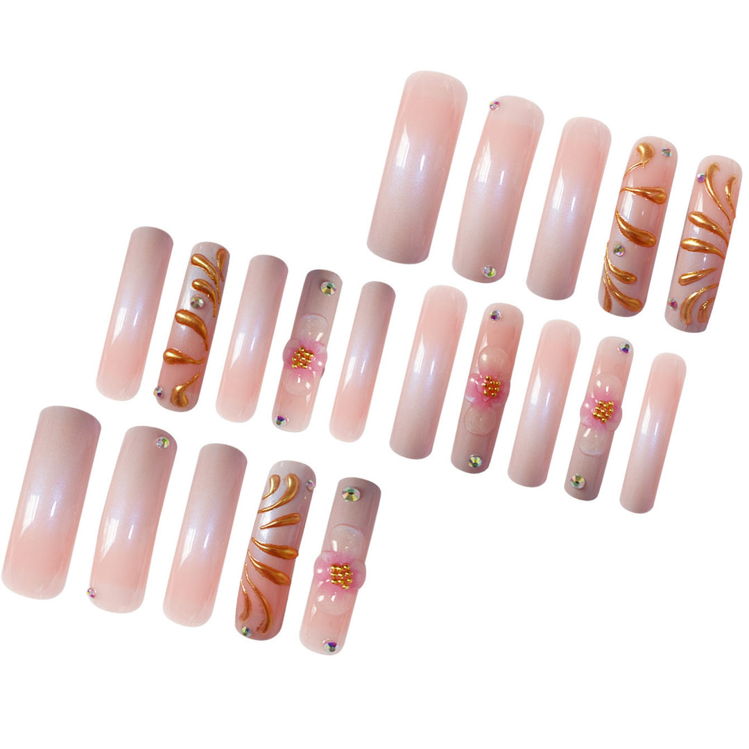 Glamorous 3D Floral Press-On Nails with Gold Accents Kalsten