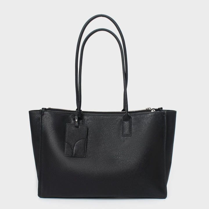 Smooth Vegan Leather Structured Top-Zip Tote with Double Rolled Handles and Luggage Tag
