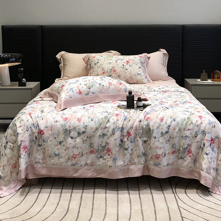 Luxurious cotton satin bedding set with floral watercolor print and fine satin trim