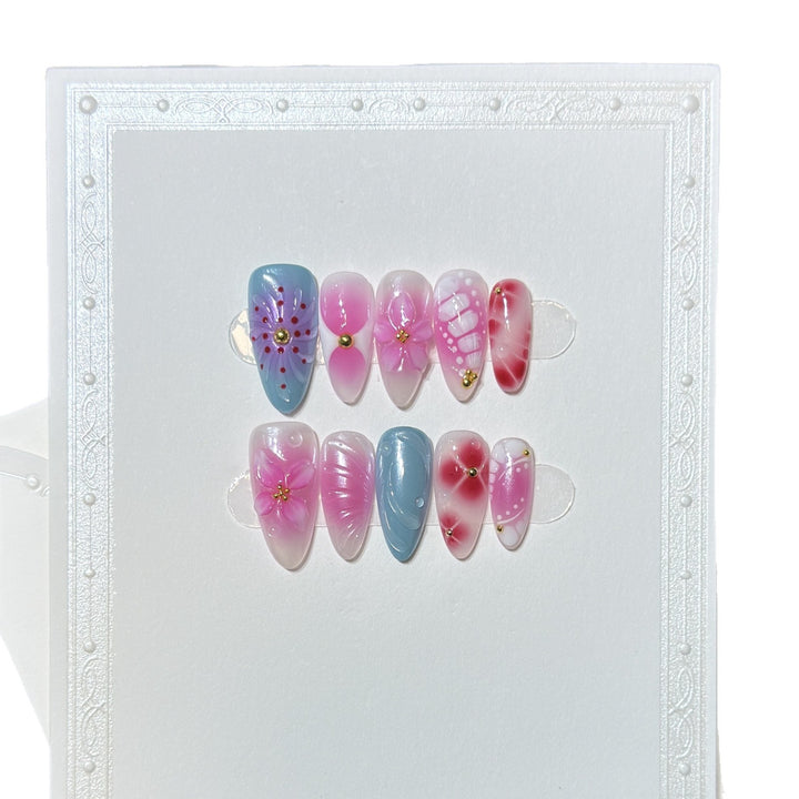 Artistic Press-On Nail Set with Floral and Abstract Designs Kalsten