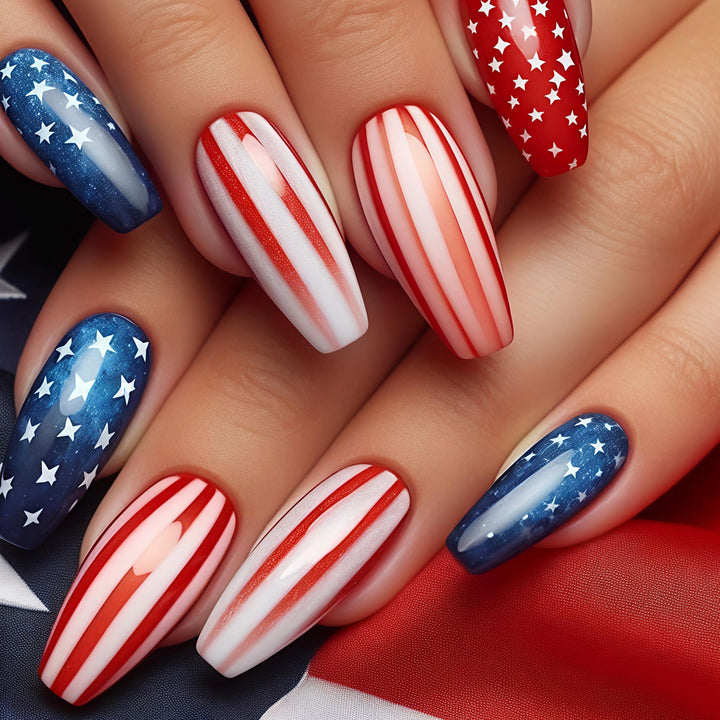 Artificial Nails in Patriotic Stars and Stripes Design Kalsten