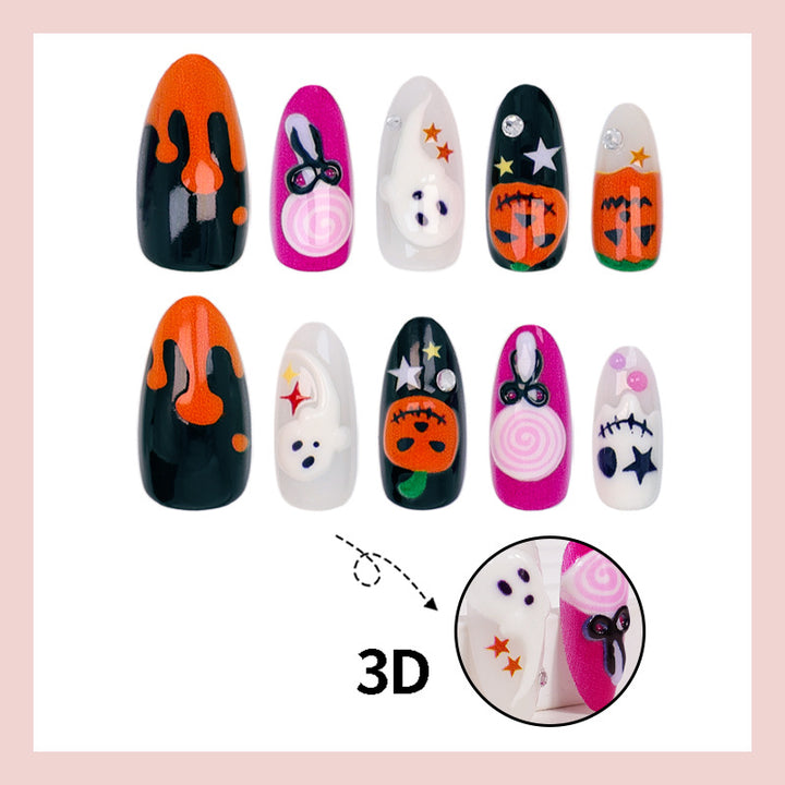 Halloween Artificial Nail Set with Creative Ghost and Pumpkin Designs Kalsten