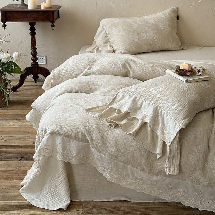 Vintage-inspired cotton-linen bedding set with ruffled trim & broderie anglaise