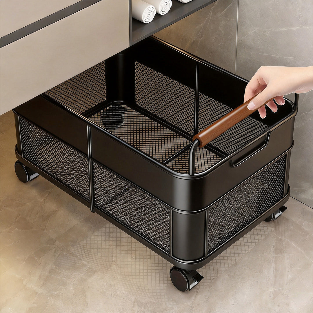 Compact Mesh Rolling Storage Cart with Wooden Handles