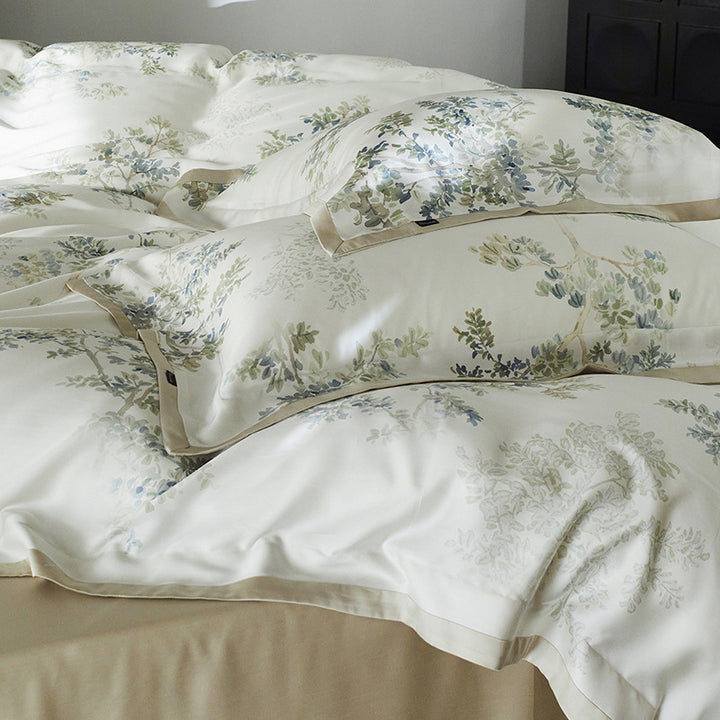 Luxurious cotton satin bedding set with fine botanical branch pattern and silky-soft touch