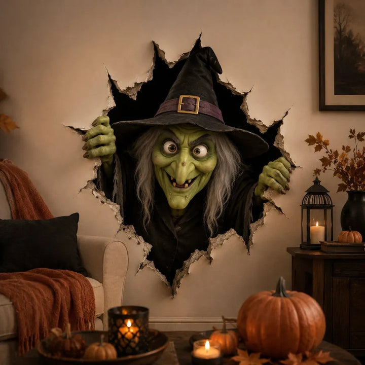 Three-dimensional Halloween wall sticker witch with hole-in-wall effect and pumpkin lantern