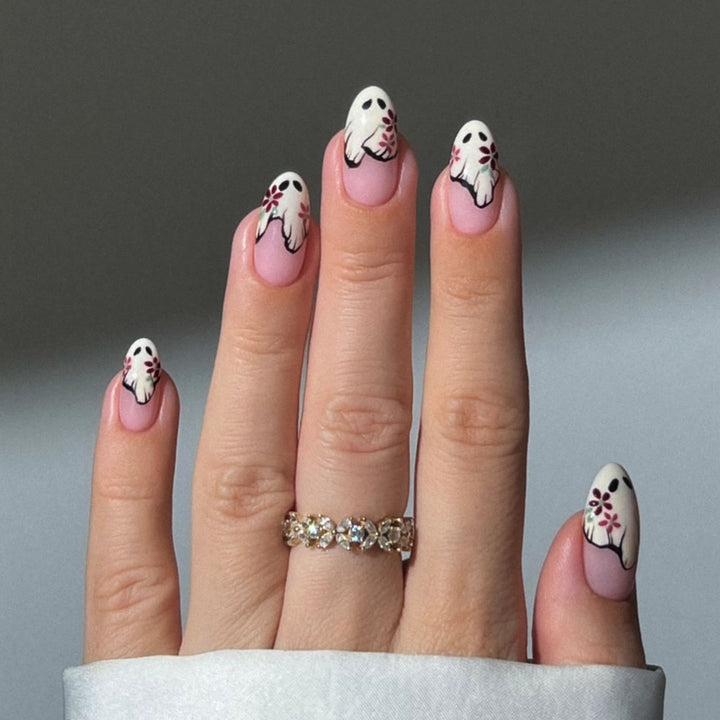 Artistic Press-On Nail Set with Floral and Ghost Design kalsten