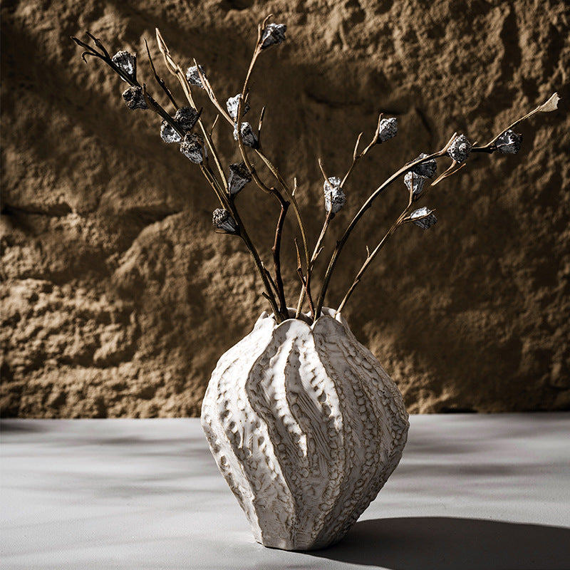 Decorative Ceramic Sculptural Vase with Textured Edge with Ruffled Rim