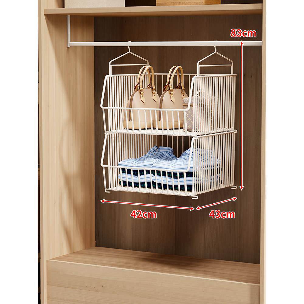 Over-Rod Double Tier Hanging Closet Wire Basket Organizer with Removable Baskets