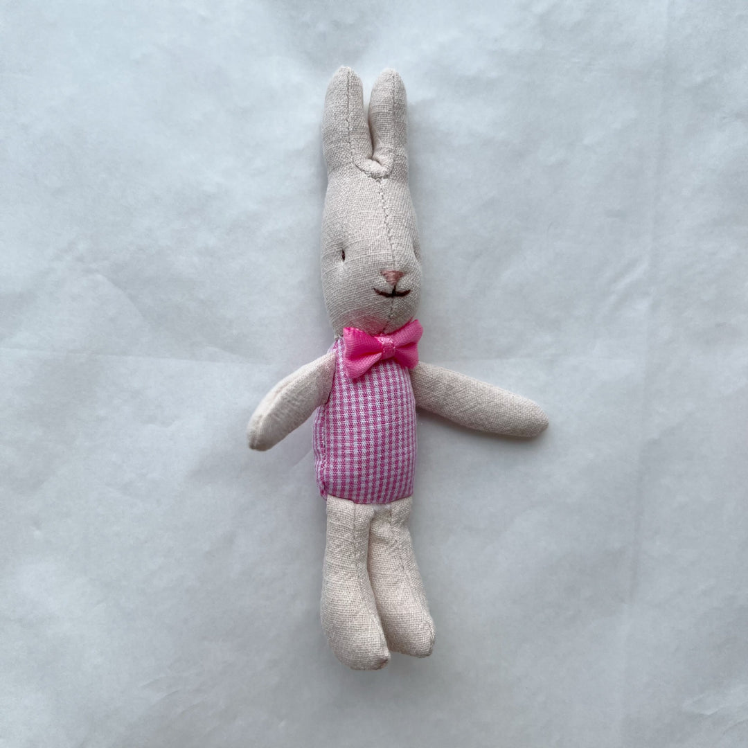 Soft Linen Rabbit Comforter Doll with Pink Gingham Dress and Satin Bow