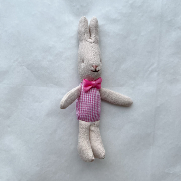 Soft Linen Rabbit Comforter Doll with Pink Gingham Dress and Satin Bow