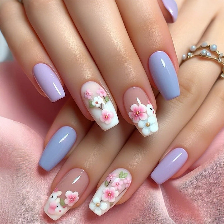 Decorative Floral Press-On Nail Art Set with 3D Flower Accents kalsten