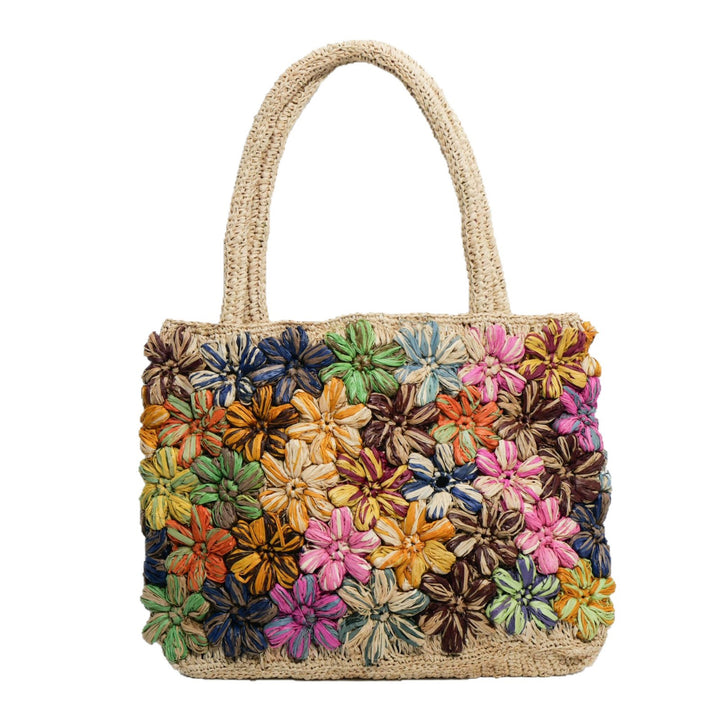 Handcrafted straw bag with floral appliqués Kalsten