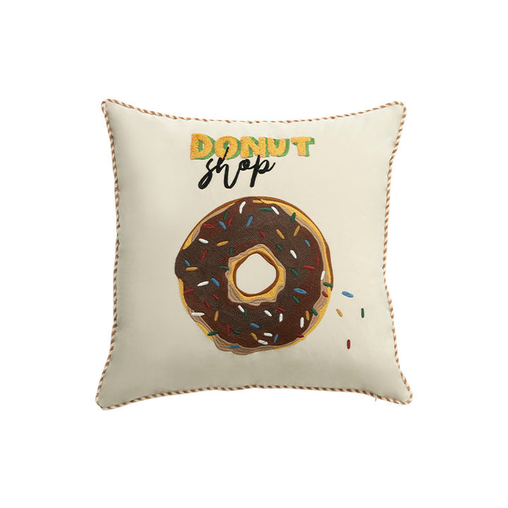 Square decorative pillow cover with hand-embroidered donut appliqué and piping Kalsten