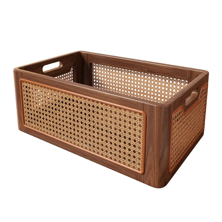 Rattan-Accent Solid Wood Desktop Storage Tray with Handles