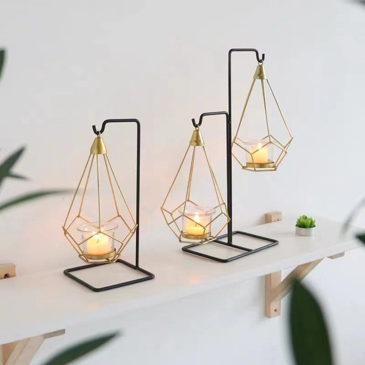 Decorative Geometric Hanging Tealight Candle Holder Set with Metal Stands and Glass Votives Kalsten