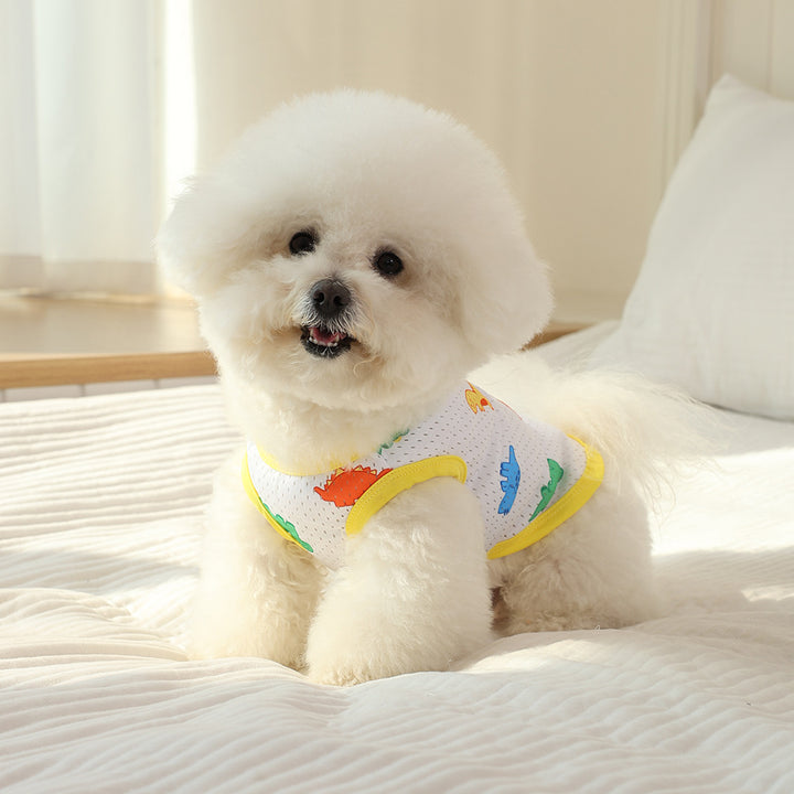 Breathable Mesh Dog Tank Vest with Colorful Dinosaur Print and Yellow Binding