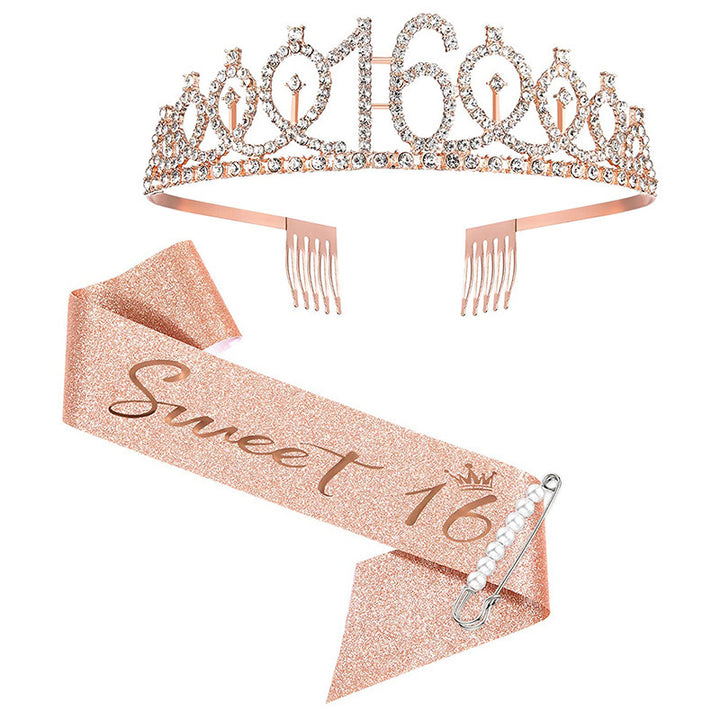 Women Crystal-Embellished Birthday Crown with Personalized Sash Kalsten