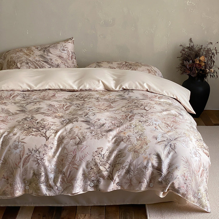 Premium cotton satin duvet cover set with floral jacquard relief and button closure