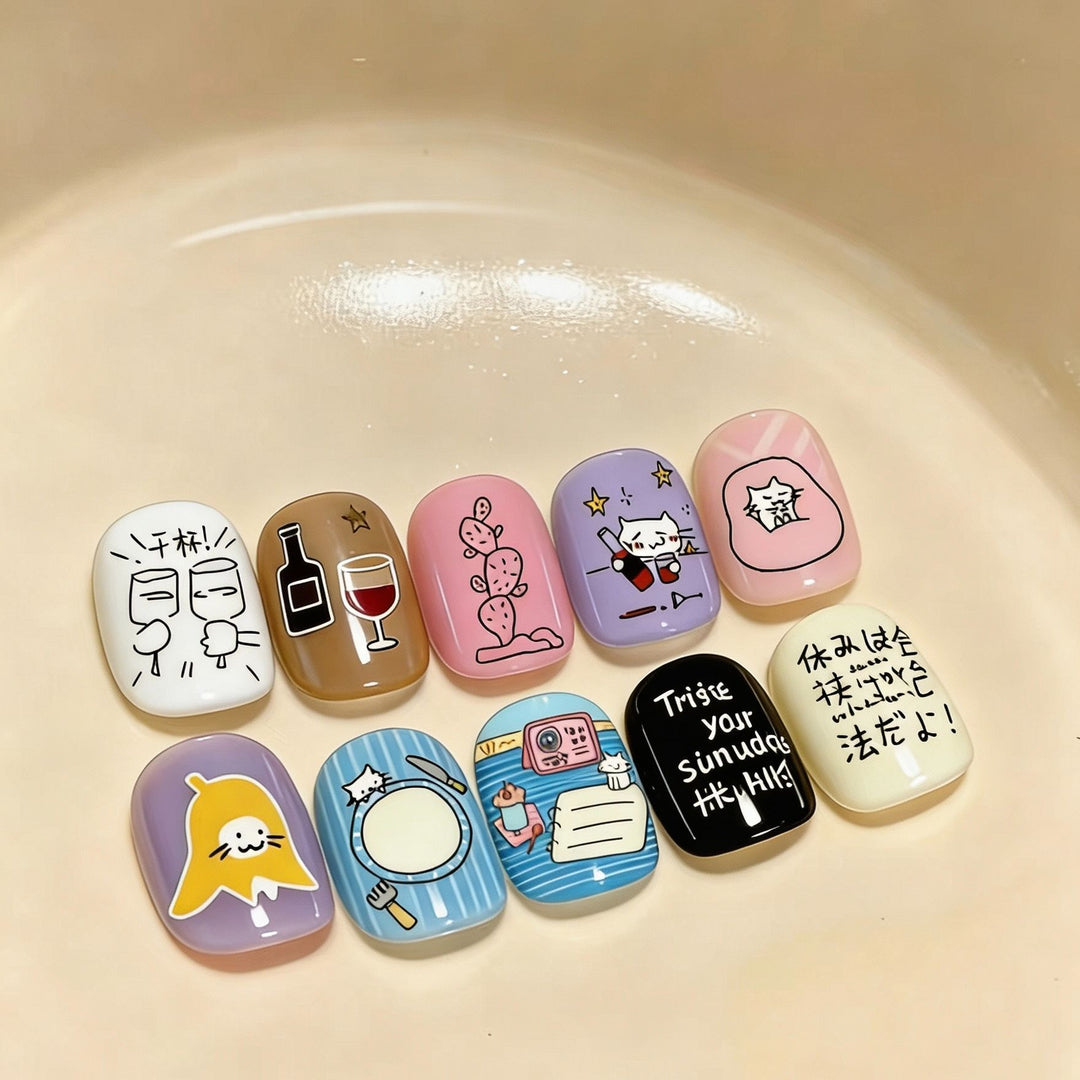 Artistic Cat-Themed Press-On Nail Art Set Kalsten