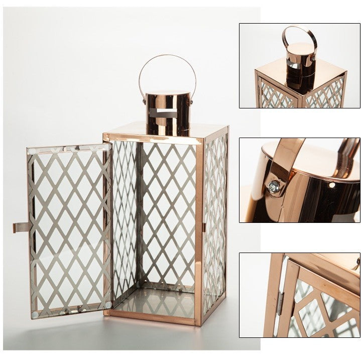 Modern Polished Lattice Metal Lantern Collection with Hinged Door and Top Loop Handle Kalsten
