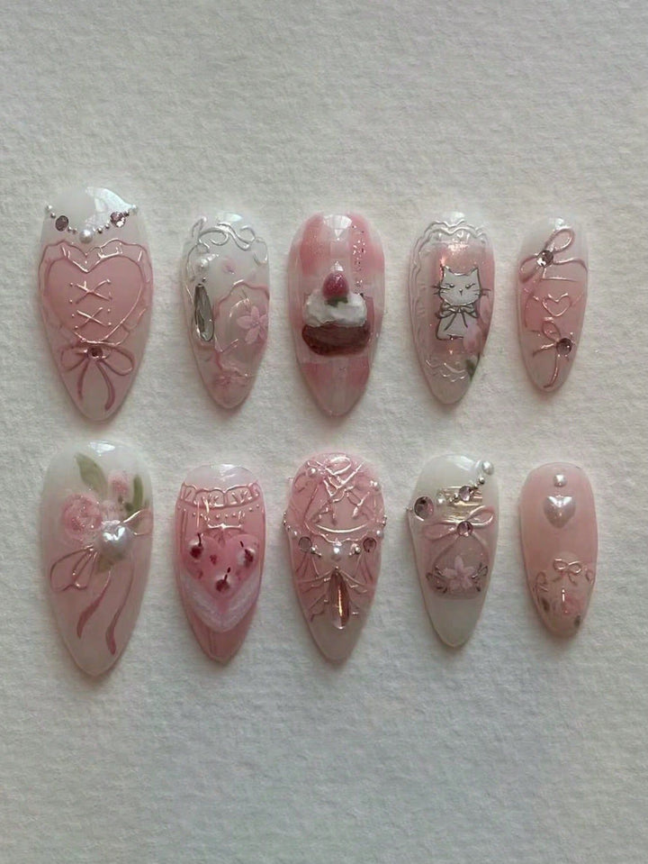 Artistic Heart-Embellished Press-On Nail Set Kalsten
