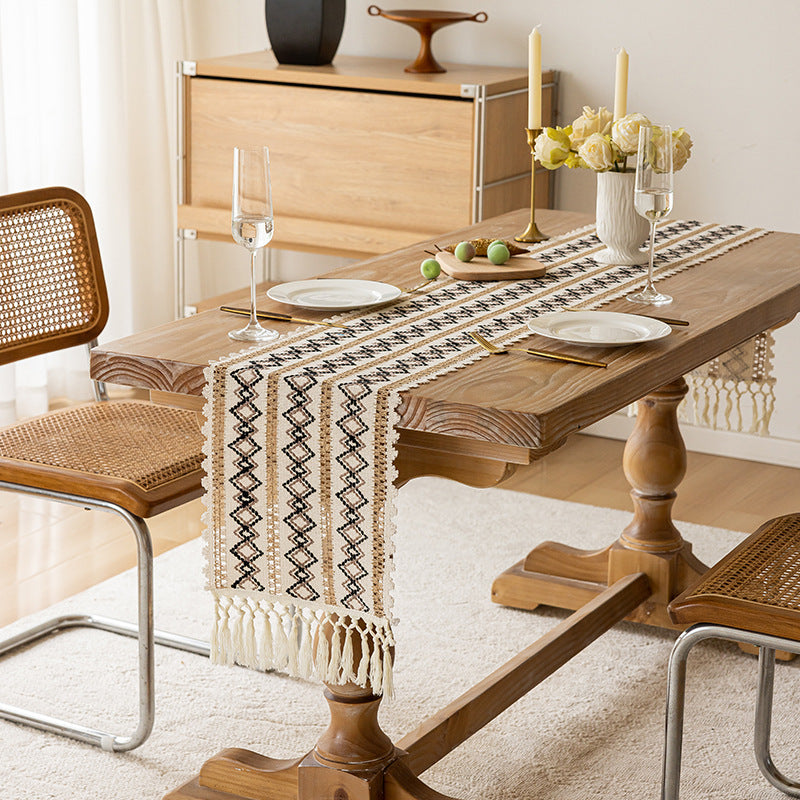 Handwoven Bohemian Cotton Table Runner with Fringe Tassels and Geometric Embroidery