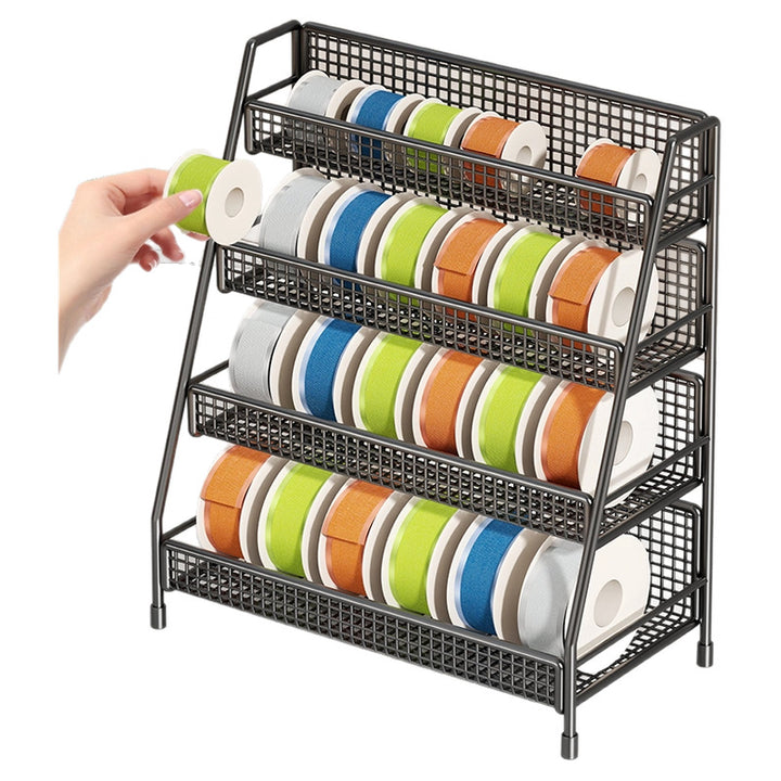 Four-Tier Angled Wire Mesh Roll Organizer Stand for Tape Ribbon and Craft Spools